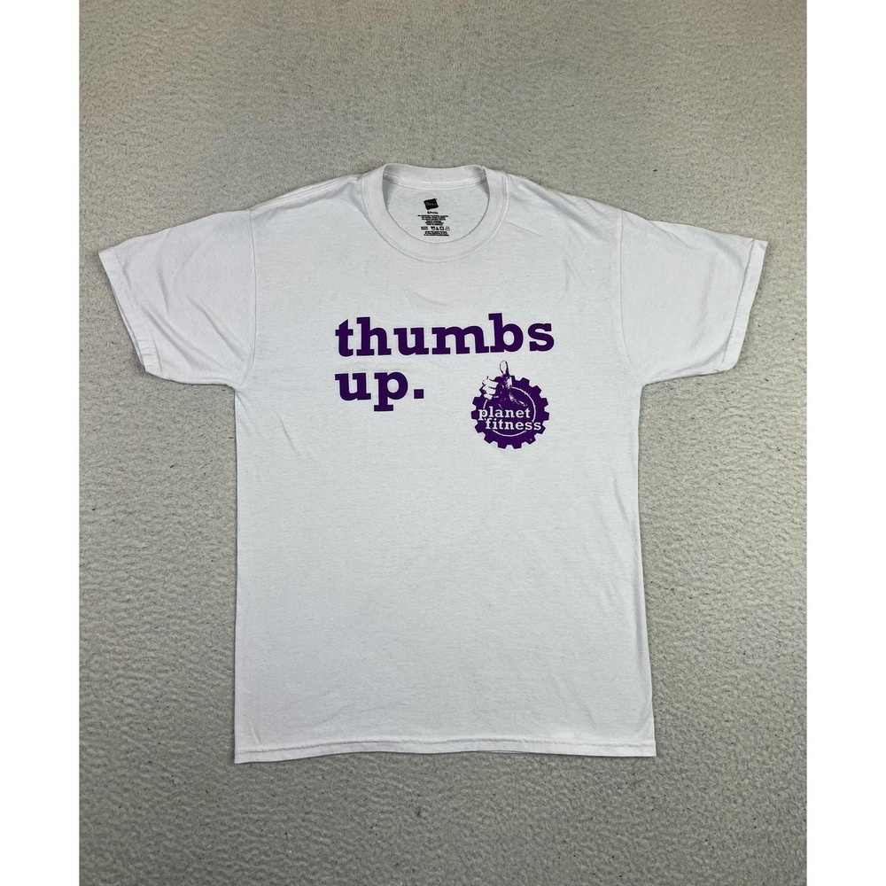Planet Fitness Shirt Mens Small‎ White Thumbs Up Graphic Workout Tee Hanes